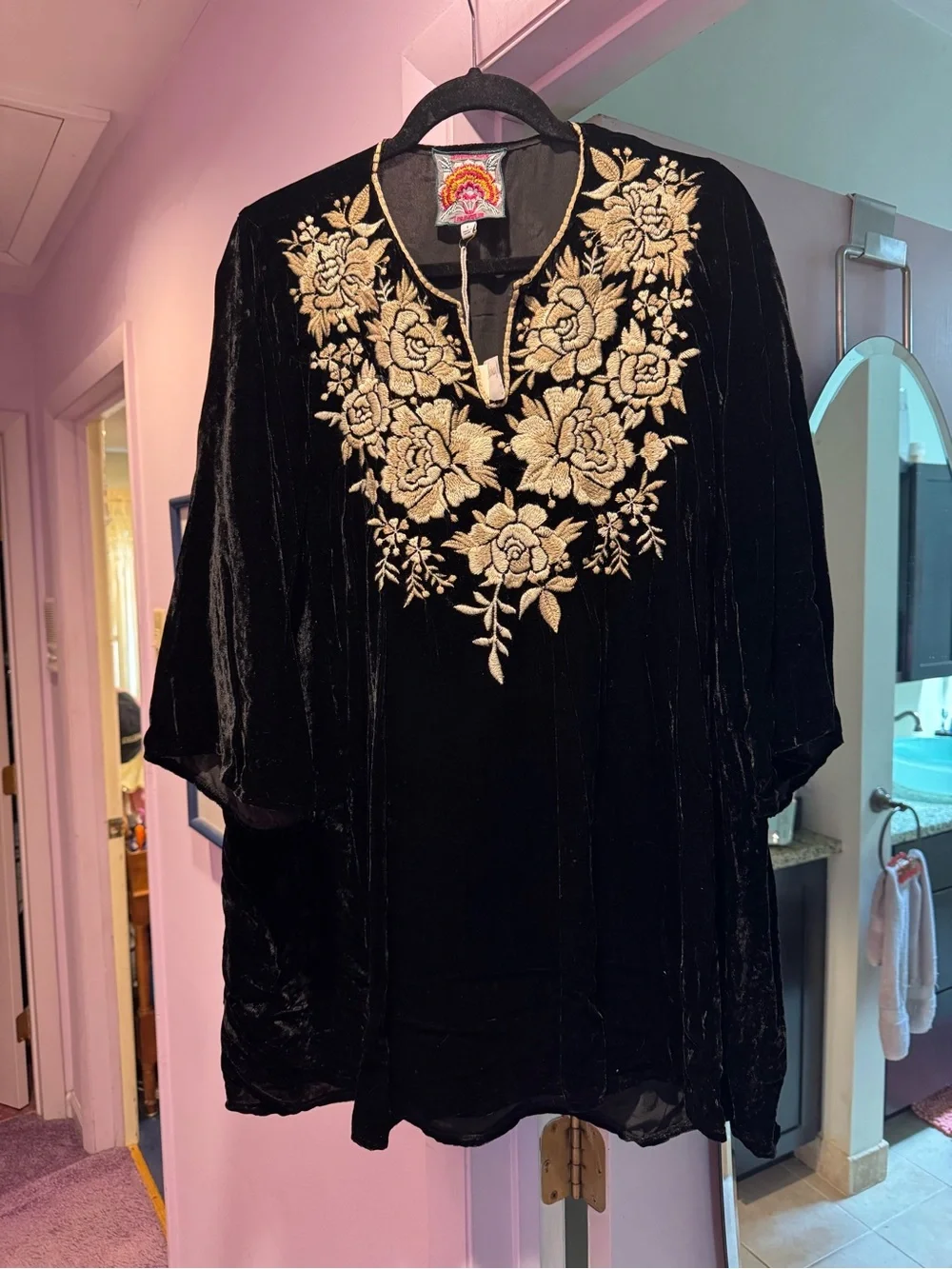 NWT!! Johnny Was Size L Embroidered Velvet Tunic Top - Black with Gold Floral - Picture 2 of 9